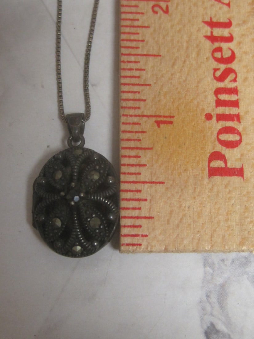 Sterling Silver Marcasite Locket on 18" Sterling Silver Chain - 6