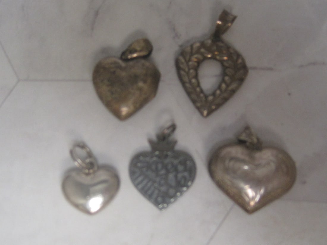 Lot of 5 Sterling Silver Heart Pendants: Weighs 16.3 grams