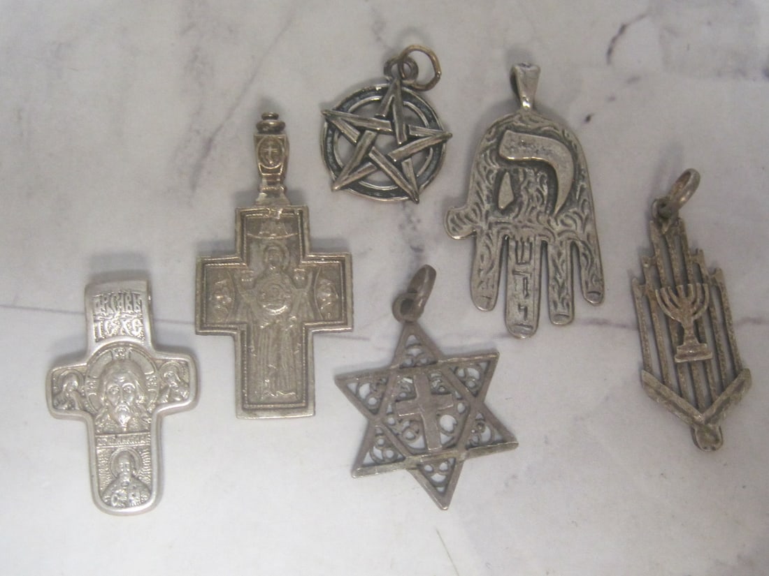 Lot of 6 Sterling Silver Religious Pendants: Weighs 18 grams