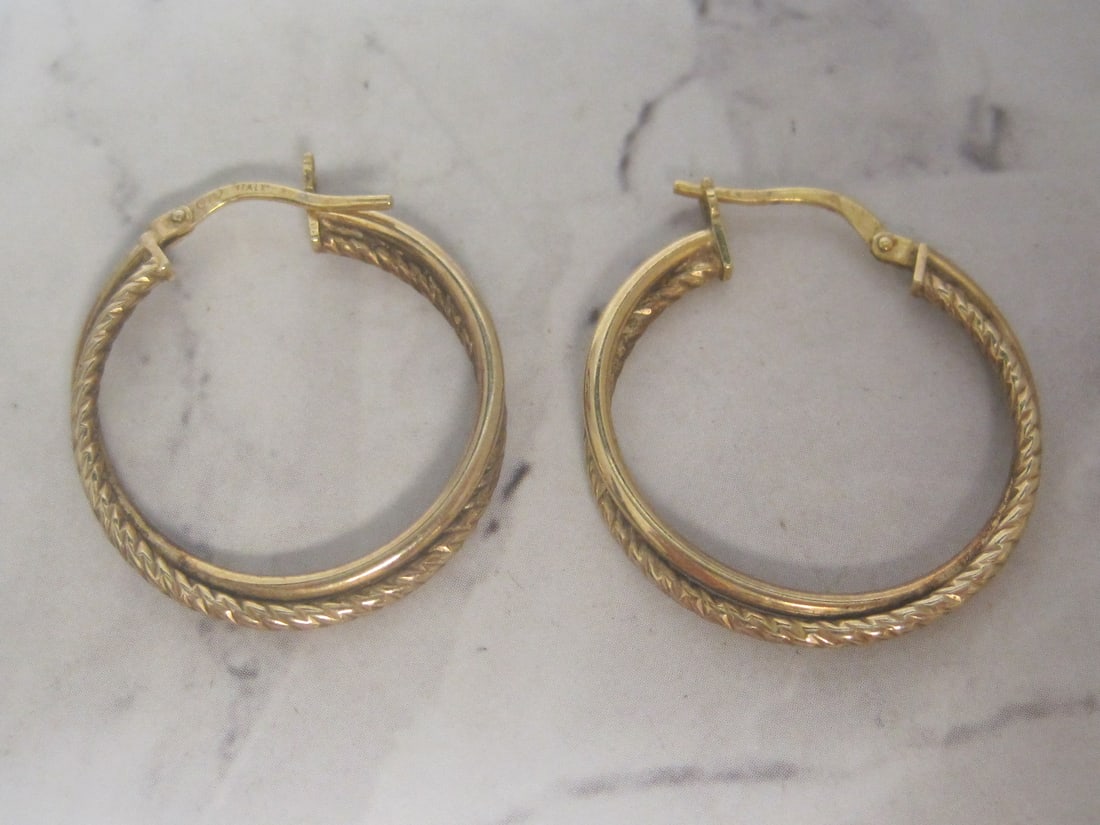 Sterling Silver Vermeil Textured Hoop Earrings: Weighs 3.1 grams