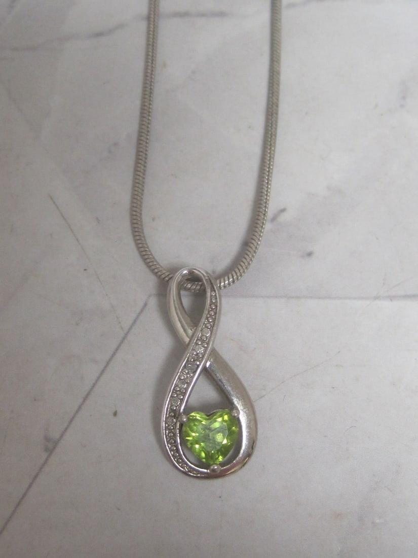 Sterling Silver Heart Peridot & Diamond Pendant on 15" Sterling Silver Chain: Weighs 6 grams