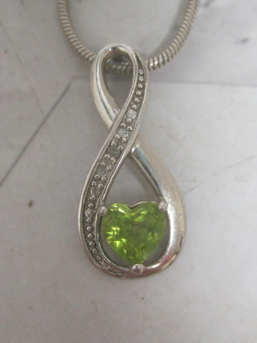 Sterling Silver Heart Peridot & Diamond Pendant on 15" Sterling Silver Chain - 2