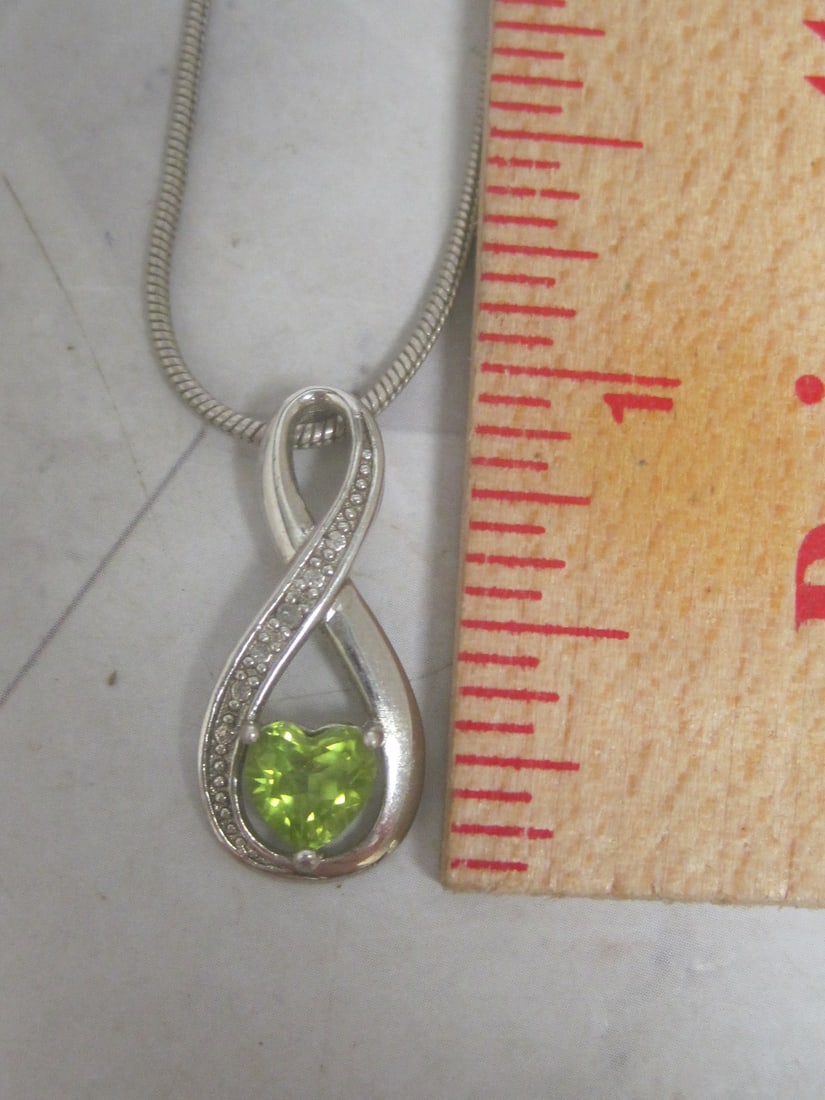 Sterling Silver Heart Peridot & Diamond Pendant on 15" Sterling Silver Chain - 4