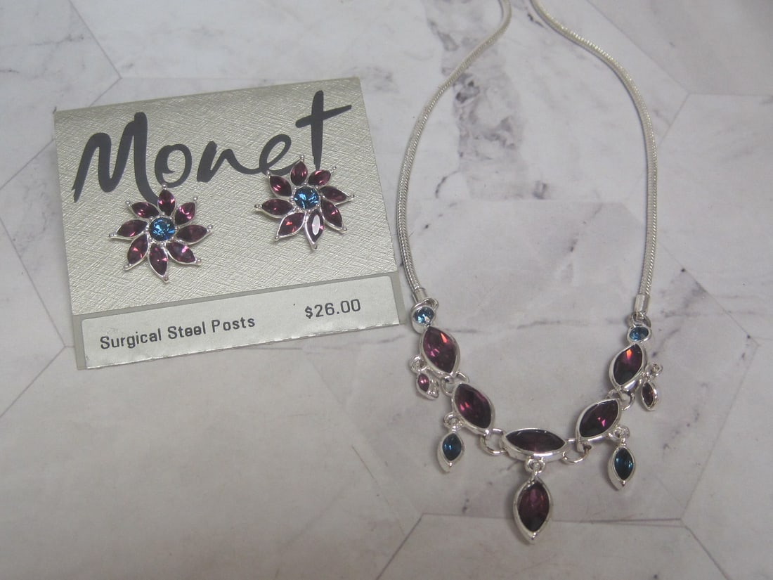 Set of Monet Necklace & Earrings with Purple & Blue Rhinestones: .