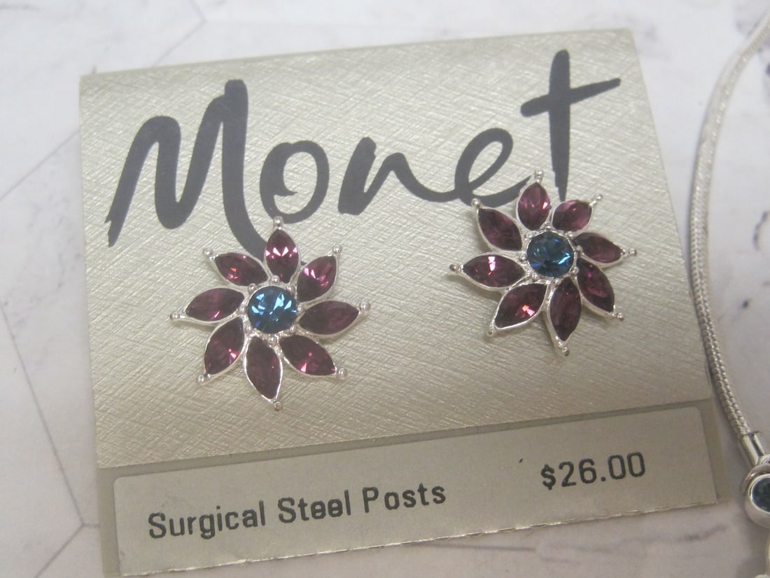 Set of Monet Necklace & Earrings with Purple & Blue Rhinestones - 3