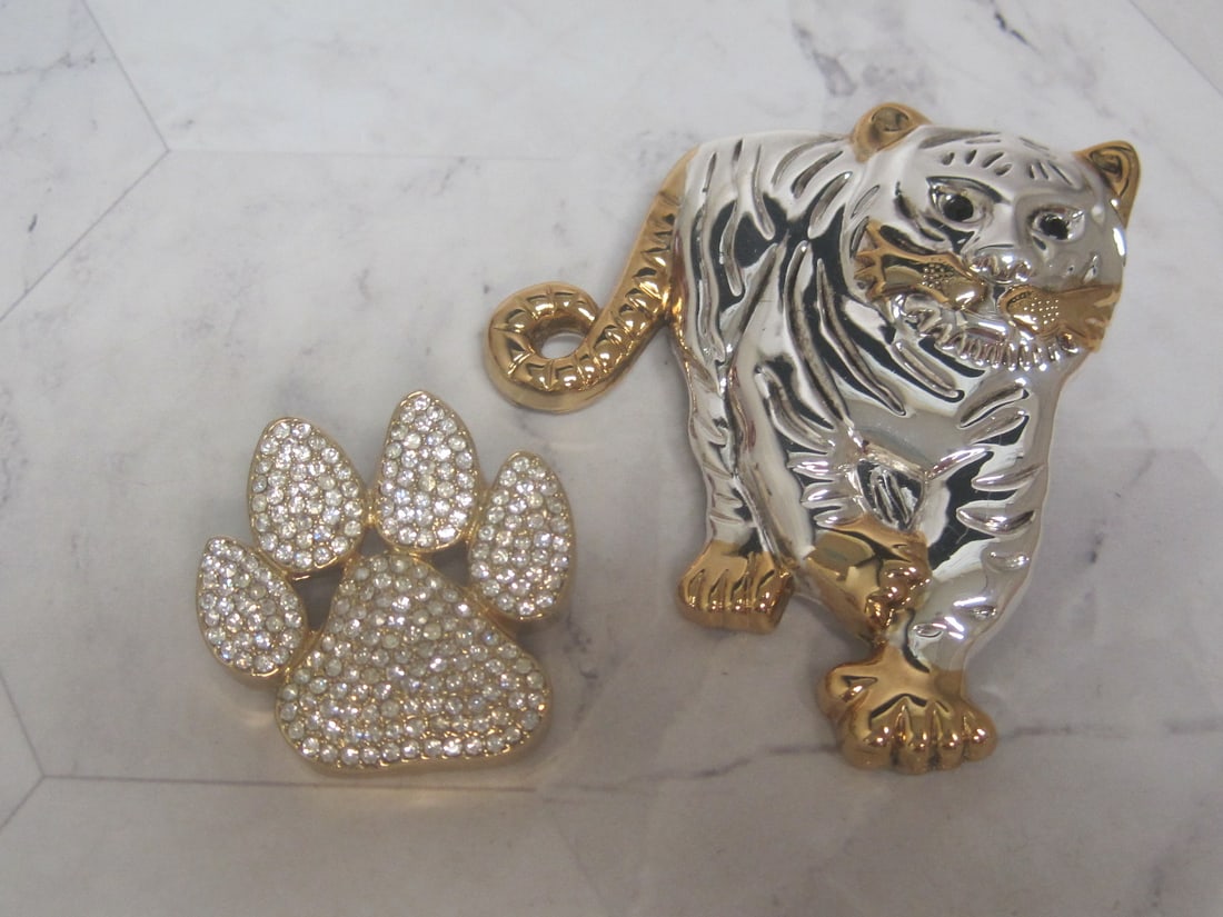 Lot of 2 Pendants: Tiger & Tiger Paw with Rhinestones: .