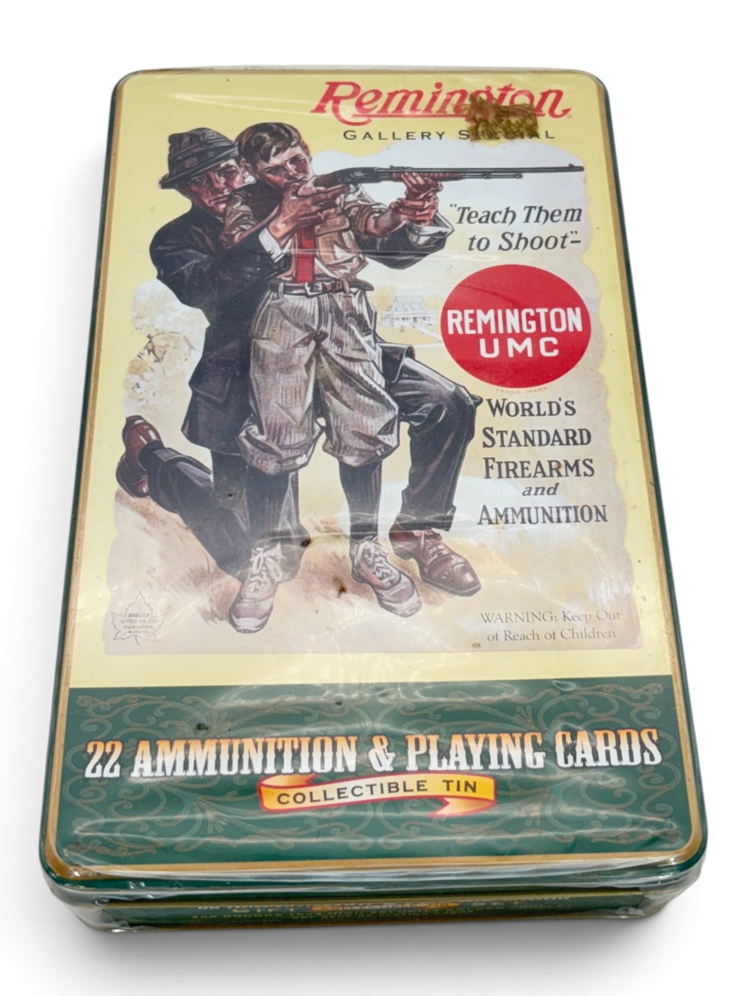 NIB Sealed Remington UMC Gallery Special .22 Ammunition & Playing Cards Collectible Tin Gift Set: Still sealed in the orignal plastic. Plastic is very fragile. so it could tear in shipping. Inside there is 400rds of ammunition and (1) Deck of playing cards. See photos.