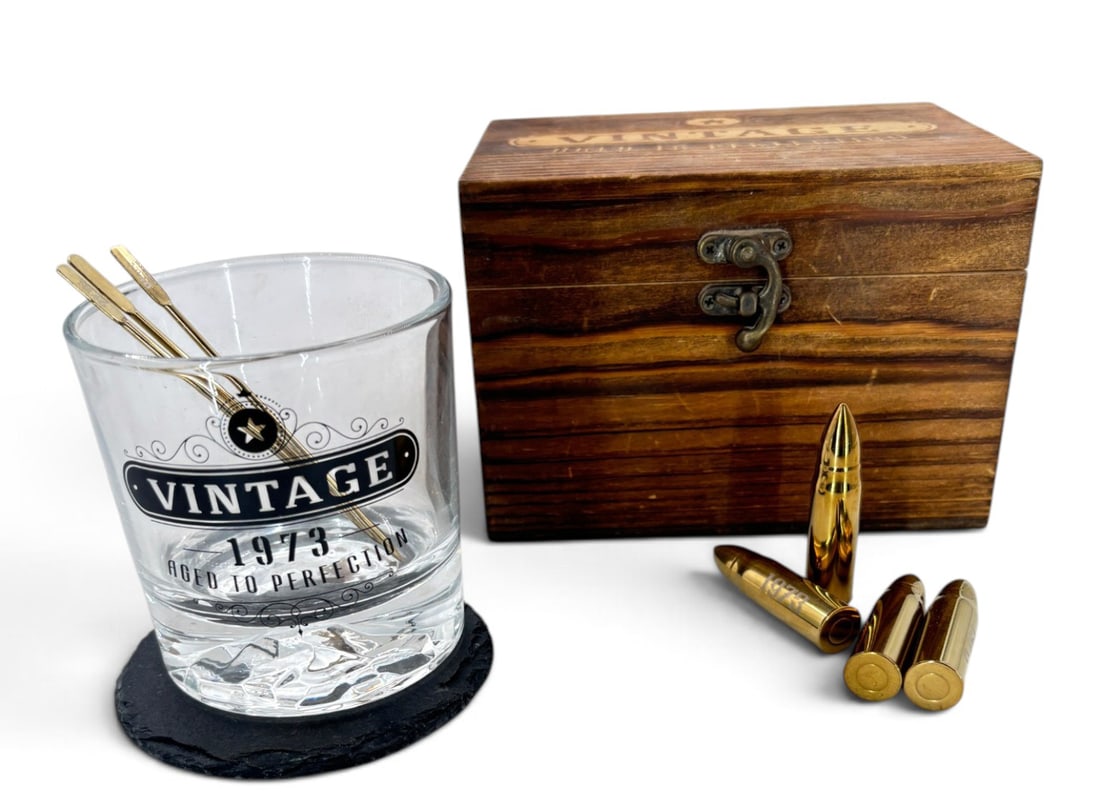 Man's Whiskey Drinking Glass Gift Set: Comes with glass, coaster, and (4) ice chiller bullets. Appears new. See photos.