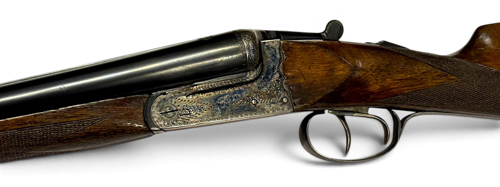 Excellent Engraved Spanish 1961 Astra Model 841 SXS Double Barrel 12 GA. Boxlock Shotgun: S#: 37255 | 28" Solid-Rib Barrel | 2-3/4" Chamber | 15" Length of Pull | Model 841 Hammerless Boxlock |||| CONDITION: Excellent. Retaining 98% Original Blued Finish on barrels and Features a
