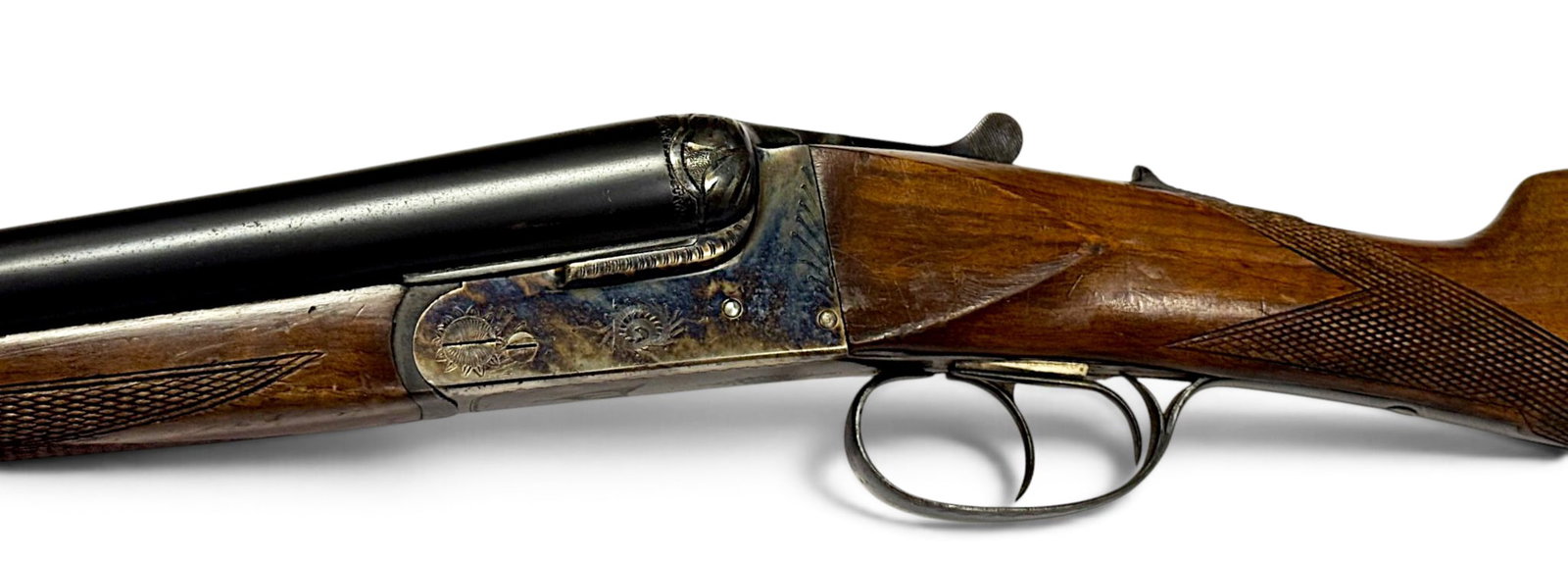 Excellent Scroll Engraved Spanish Zamacola Hermanos Jabali 12 GA. SXS Double Barrel Shotgun: S#: 51536 | 27-7/8" Solid-Rib Barrel | 2-3/4" Chamber | 14-1/4" Length of Pull | Full and Improved Modified Chokes | Features Side Clips and Striker Disc |||| CONDITION: Excellent. Retaining 98%