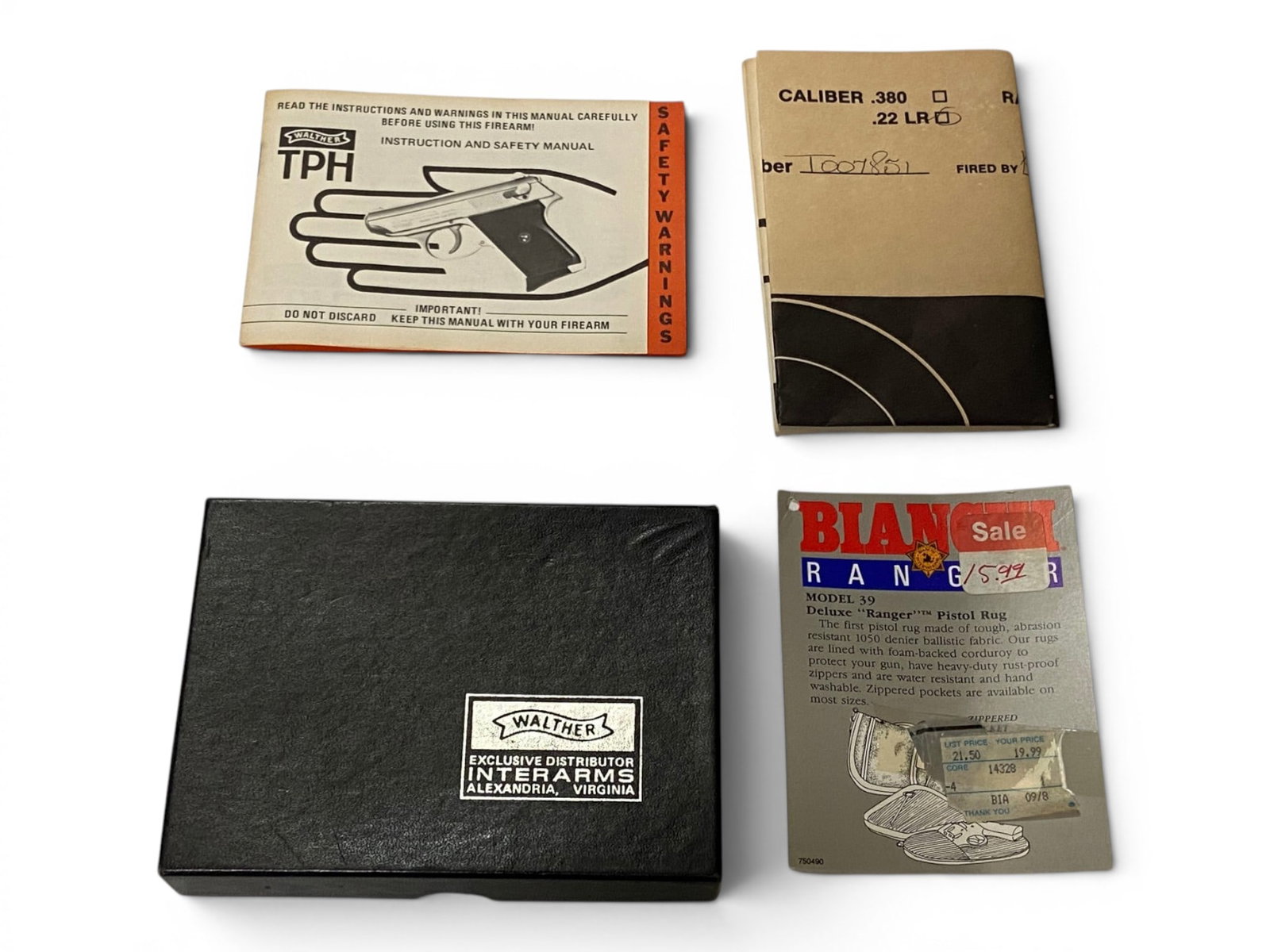 Vintage Walther/ Interarms Model TPH .22 LR Stainless Steel Pistol Box with Paper Target: The Serial No. on the Box is T007851 | Catalog No. VAP 00312 | Box in excellent condition. Comes with instruction/safety manual and a matching to the box serial no. test target. See photos.