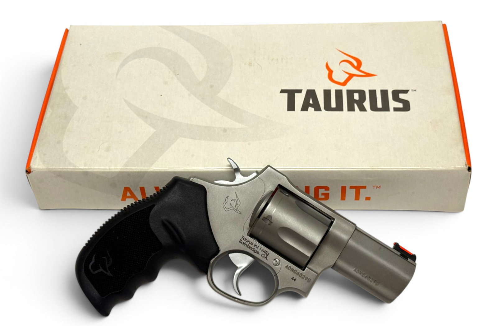 Excellent Taurus Model 44 Tracker TALO Edition .44 MAGNUM Stainless 2.5" Revolver in Original Box: S#: ADN060290 | Model 2-440029TKRT | 2.5" Barrel | 5-Shot SA/DA | Comes in factory box with matching label, manual and gun lock |||| CONDITION: Excellent. Shows some storage use and signs of light