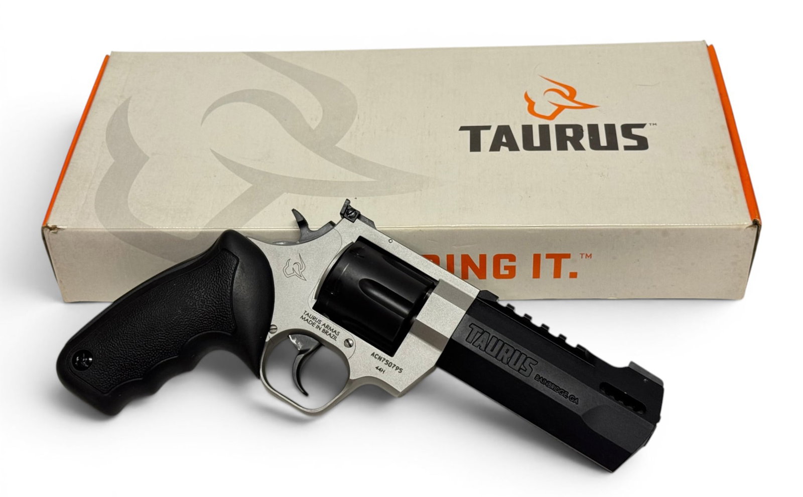 Excellent Taurus Raging Hunter .44 MAGNUM Two-Tone Revolver in Original Box: S#: ACN750795 | Model 2-440055RH | 5-1/8" Barrel | 6-Shot SA/DA | Comes in factory box with matching label and manual |||| CONDITION: Excellent, showing signs of light use, with minor storage wear.