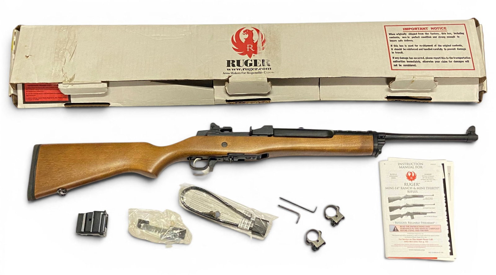 NIB Ruger Mini-14 Ranch Rifle 5.56mm Semi-Automatic Rifle: S#: 583-47493 (Mfg. Post-2009) | Model: 05801 | Comes in original Ruger Box with matching label and (2) 10-round Magazines, Lock, Manual, Picatinny Rail, and Scope Rings |||| CONDITION: New in Box. Me