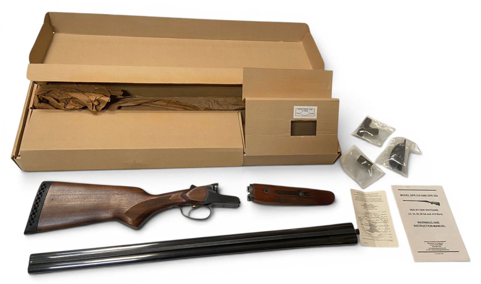 NIB Spartan Gunworks by Remington SPR210 SXS Double Barrel Shotgun: S#: 0572662R | SKU: 89520 | Made in Russia | 28.5” Barrel with 2-3/4” or 3” chamber | Comes in factory box with matching label, manual and extra chokes. See photos |||| CONDITION: