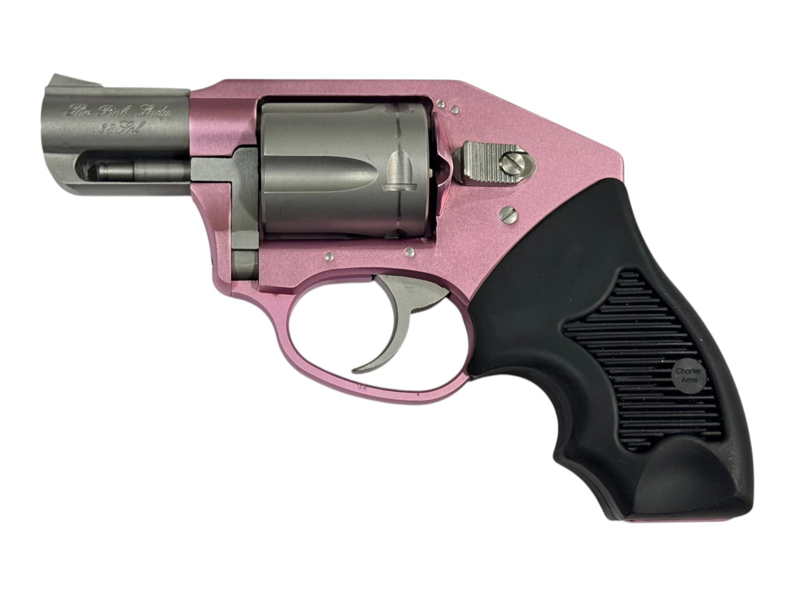 Excellent Charter Arms "The Pink Lady" Matte Pink Stainless .38 SPL. 2" Snub Nose Revolver: S#: 10-14429 | 2" Barrel | 5-Shot, Double Action, Hammerless | Matte Stainless/Pink Factory Finish | Black Rubber Grips | Charter's Pink Lady is a great introductory revolver for the novice shooter,