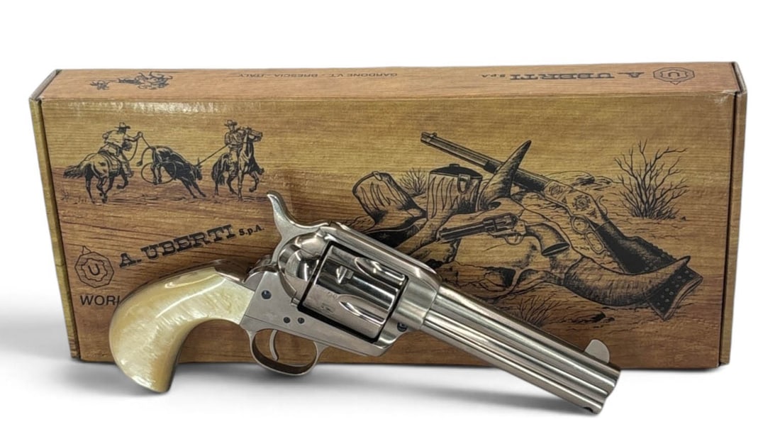 NIB Uberti Model 1873 Cattleman New Model “Doc” Lawman Series .45 LC Revolver: S#: UK0482 | Model 0410 | Cat No. 1518 | 4-3/4” Barrel | 6-Shot, SA | Nickel Finish, Round Bird’s Head Butt with Pearl Style Grips | Comes in factory box with matching label, and manual