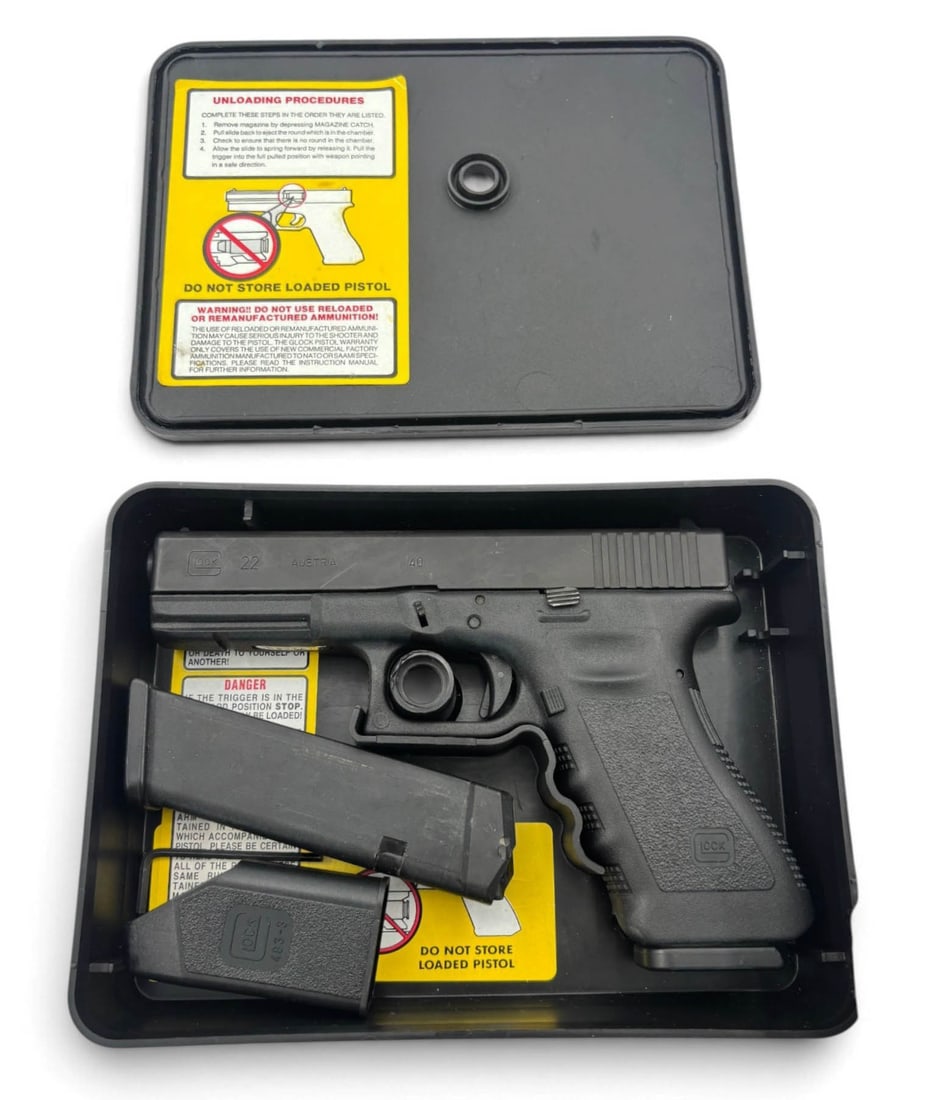 Early Austrian Glock 22 Gen 3 .40 S&W Semi-Automatic Pistol in Factory Tupperware Box: S#: DKL218US | Austrian Manufactured Glock imported into the US | Very Early Gen 3 that still used the desirable Tupperware box before switching to the black plastic case | Comes in factory