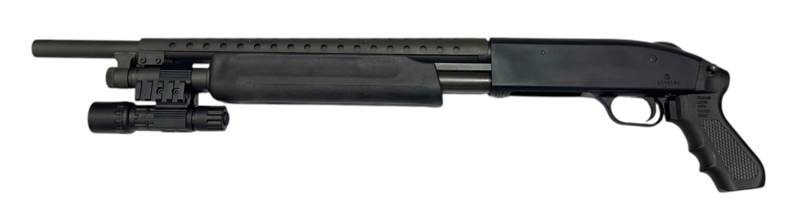 Excellent Mossberg Model 500 Pump Action 20 GA. Home Defense Shotgun w/ Flashlight: S#: U198180 | 18” Barrel with 2-3/4” and 3” Chamber | Equipped with a Heat Shield and Surefire Flashlight | Pistol Grip |||| CONDITION: Excellent. 99% original finish with just a few