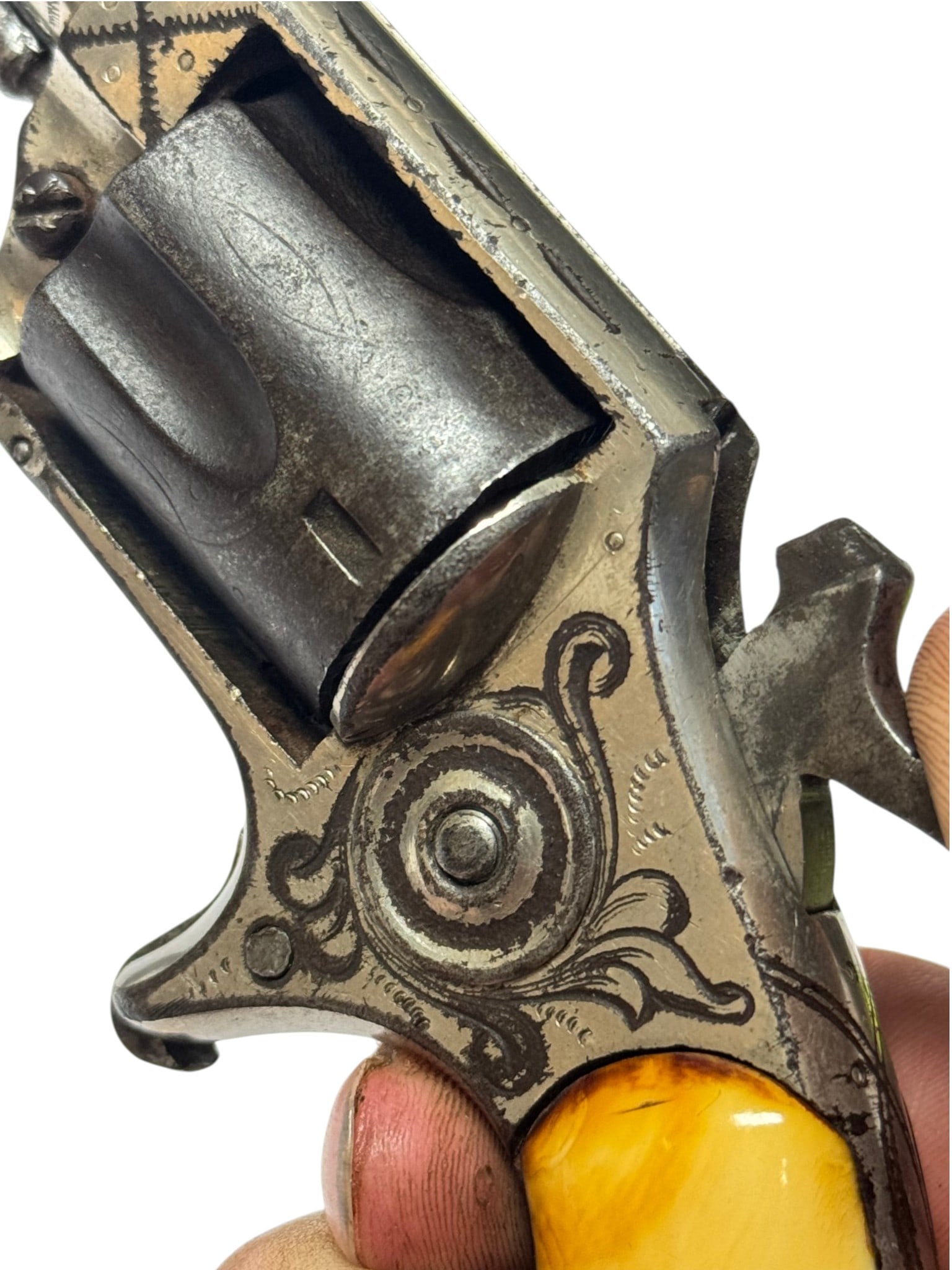 Antique Engraved William Tell “Colt New Line” .32 CAL. Spur Trigger Revolver w/ Bone Gri - 17