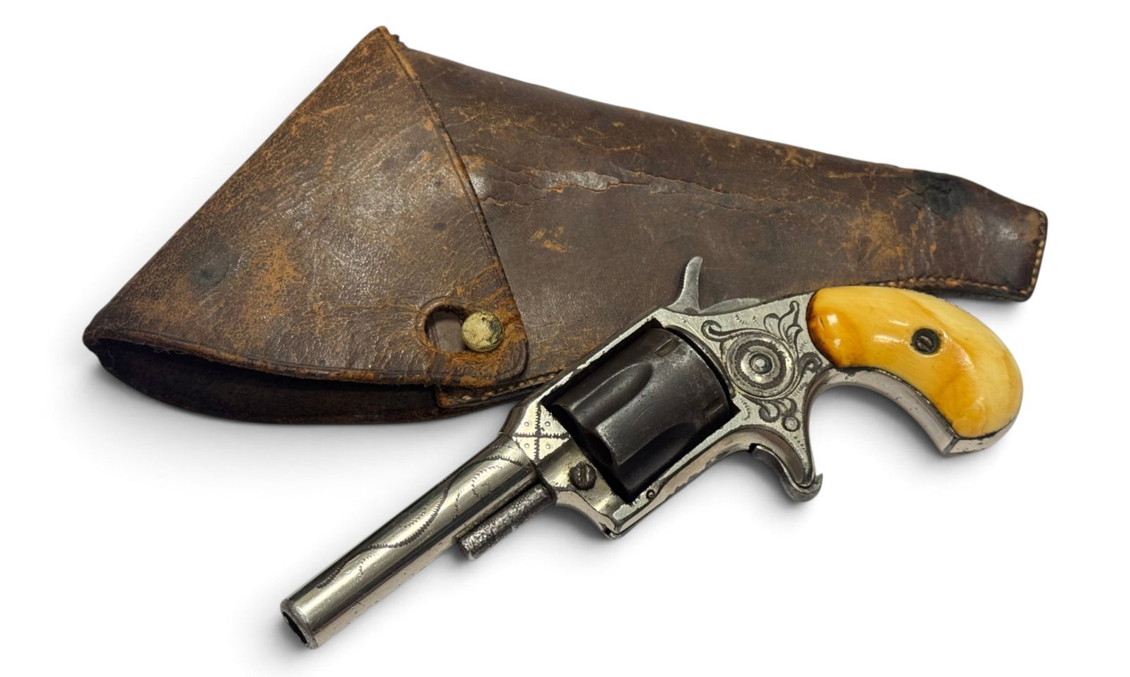 Antique Engraved William Tell “Colt New Line” .32 CAL. Spur Trigger Revolver w/ Bone Gri: S#: 21507 | 2.75” Barrel | Comes with an old leather holster that is in good condition with aged wear. This Revolver features a nickel finish and shows a multitude of styles in the engraving tha