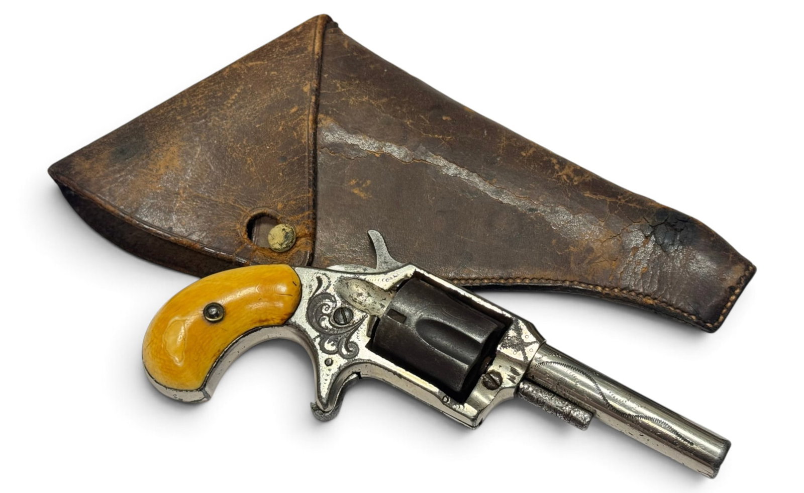 Antique Engraved William Tell “Colt New Line” .32 CAL. Spur Trigger Revolver w/ Bone Gri - 2