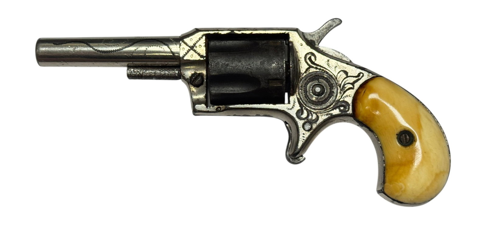 Antique Engraved William Tell “Colt New Line” .32 CAL. Spur Trigger Revolver w/ Bone Gri - 3