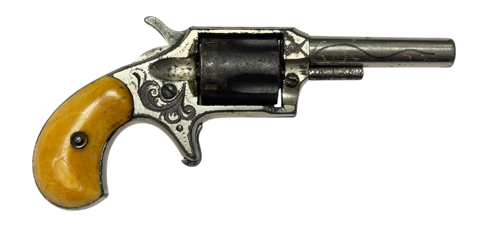Antique Engraved William Tell “Colt New Line” .32 CAL. Spur Trigger Revolver w/ Bone Gri - 4