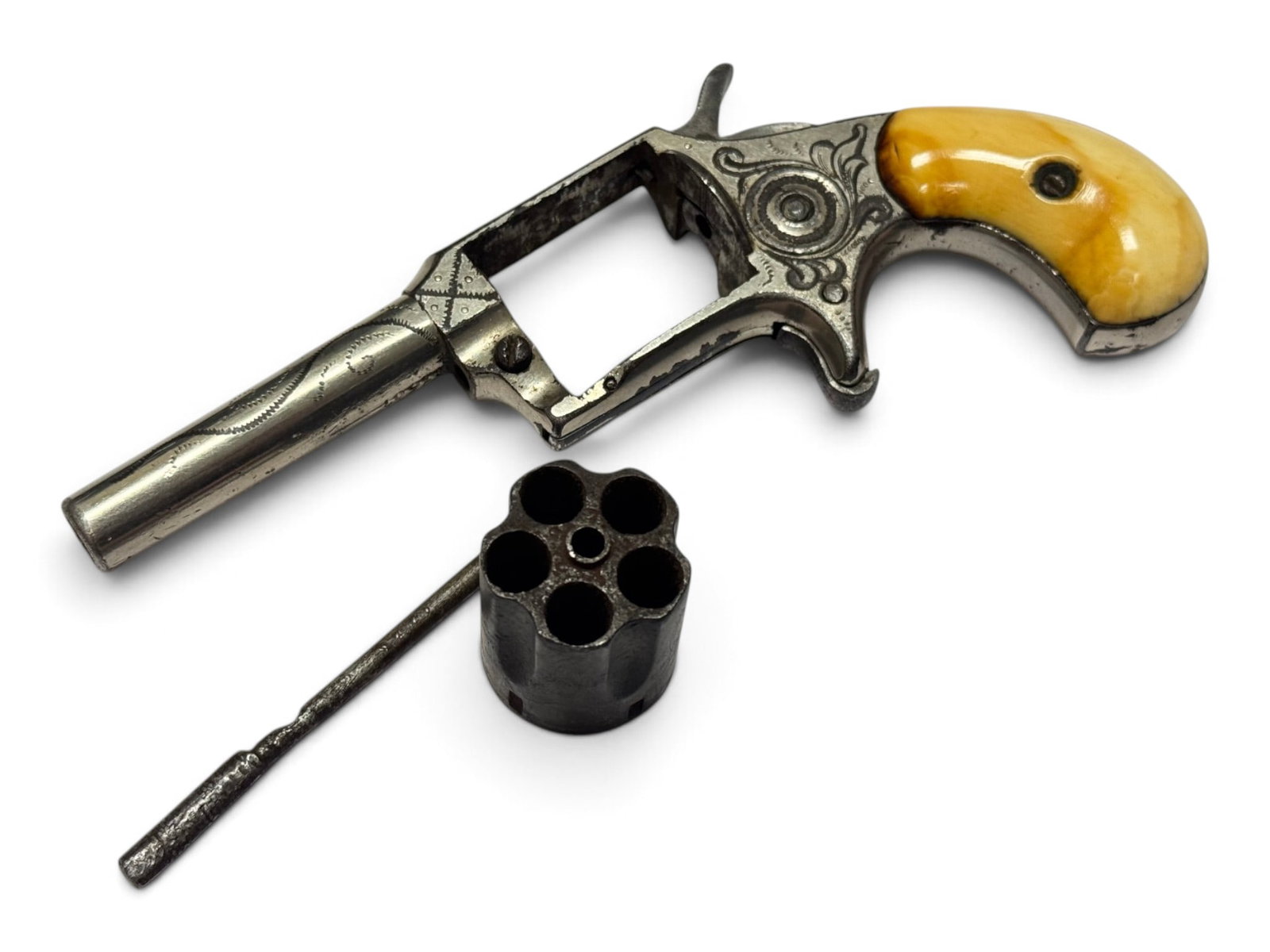 Antique Engraved William Tell “Colt New Line” .32 CAL. Spur Trigger Revolver w/ Bone Gri - 5