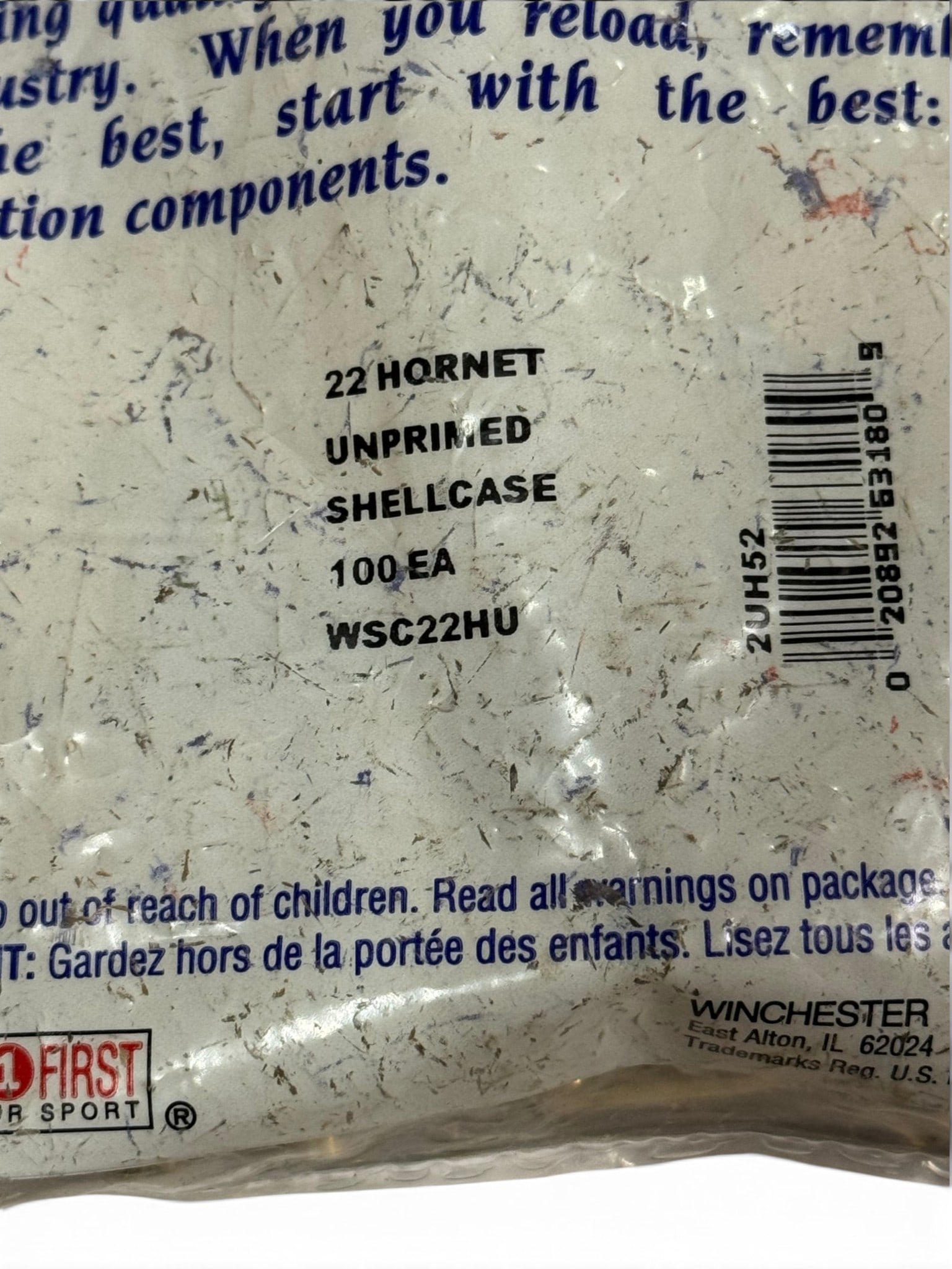 New 100qty. of .22 HORNET W-W SUPER UNPRIMED Brass Shells for Reloading - 2