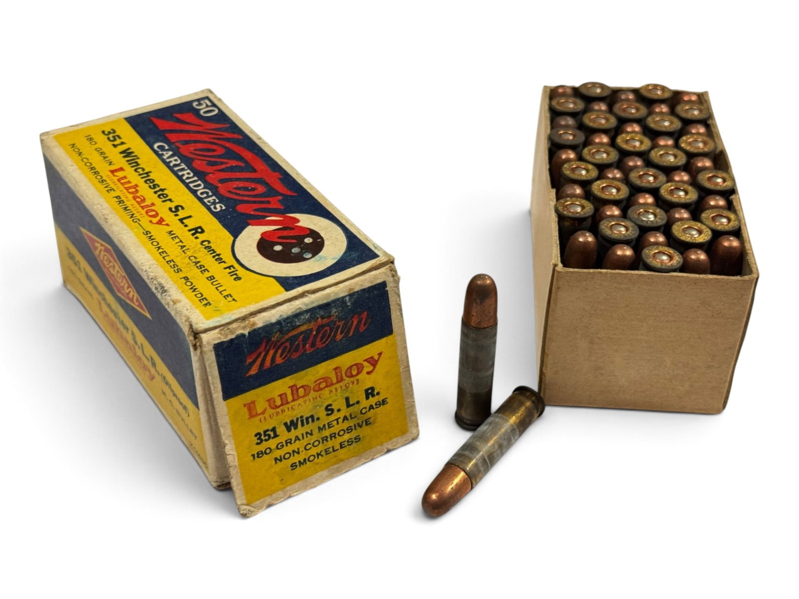 RARE Vintage NOS 50rds. of .351 WIN. S. L. R. 180gr. MC Western (.351 WSL) Ammunition: Highly Collectible and hard-to-find vintage ammunition for the Winchester Self-Loading Rifle. Western Lubaloy Non-Corrosive, Smokeless (Oilproof) Cartridge. Box is in overall very good condition with 