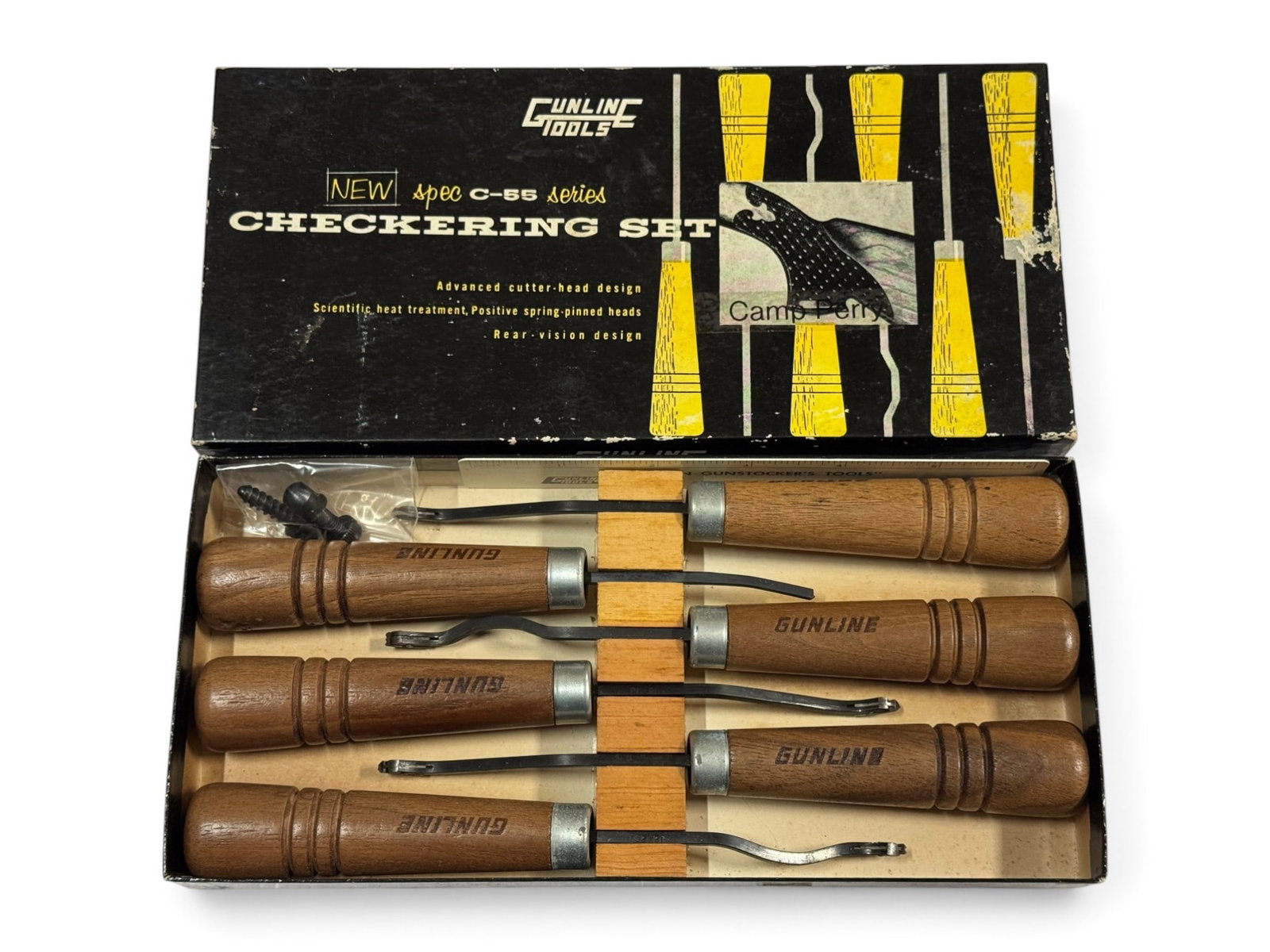 NIB Gunline Tools CAMP PERRY 20” Checkering Set: Appears to be new in box with little or no use. This is a Spec C-55 Series Checkering Set – Marked 20” on end label. The Gunline Camp Perry Checkering Set is a professional-grade 6-piece
