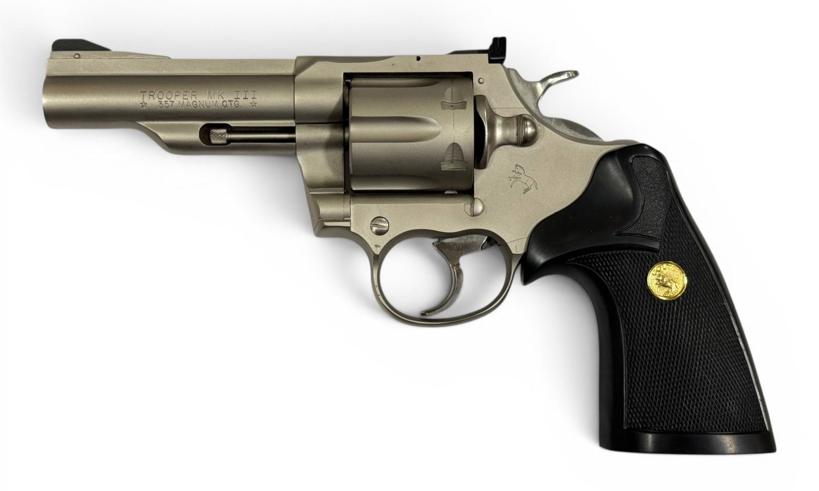 Excellent RARE 1982 Colt Trooper MK. III 4" Electroless Satin Nickel .357 MAGNUM Revolver: S#: 85796L | Mfg. 1982 | 4" Barrel | Factory Electroless Satin Nickel Finish, also known as Coltguard | Equipped with Pachmayr black rubber presentation grips from factory |||| CONDITION: Excellent. 1