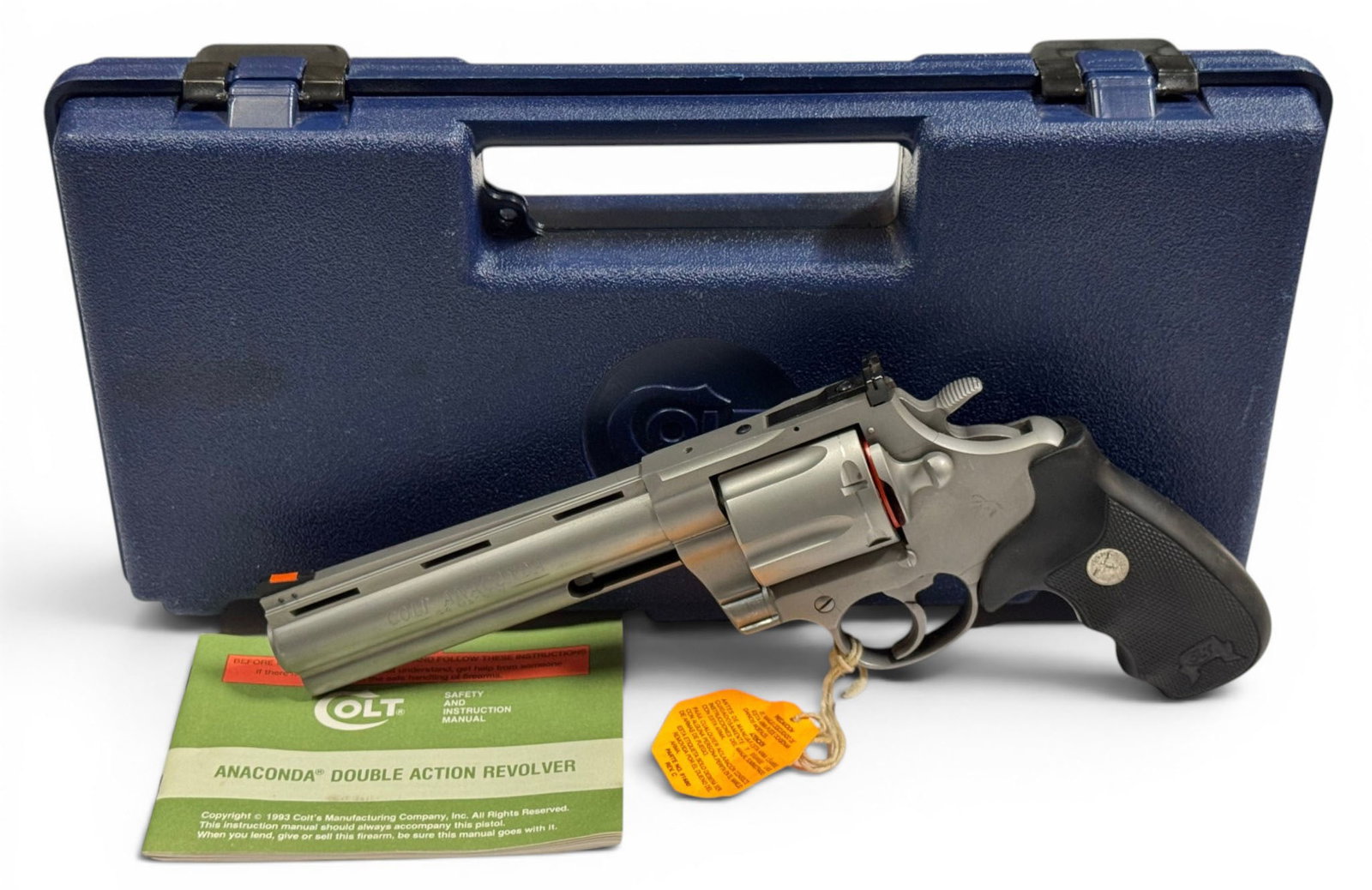 NIB 1997 Colt Anaconda Matte 6" Stainless .44 MAG. Revolver: S#: MM85004 | Mfg. 1997 | 6" Barrel | Factory Matte stainless steel finish | .44 MAG. | Comes in believed to be the original factory Colt hard case with correct manual, no label on box ||||