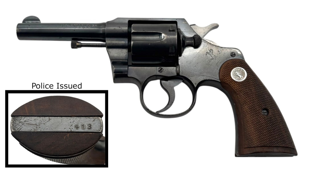 1929 Colt Official Police .38 SPL Revolver with Officer Shield Number: S#: 547267 | 4" Barrel | 6 Shot SA/DA Revolver | Officer Shield Number Stamped "413" on the Butt. This was common practice among agencies to stamp the shield number | Crisp Colt Logo and Lettering |||