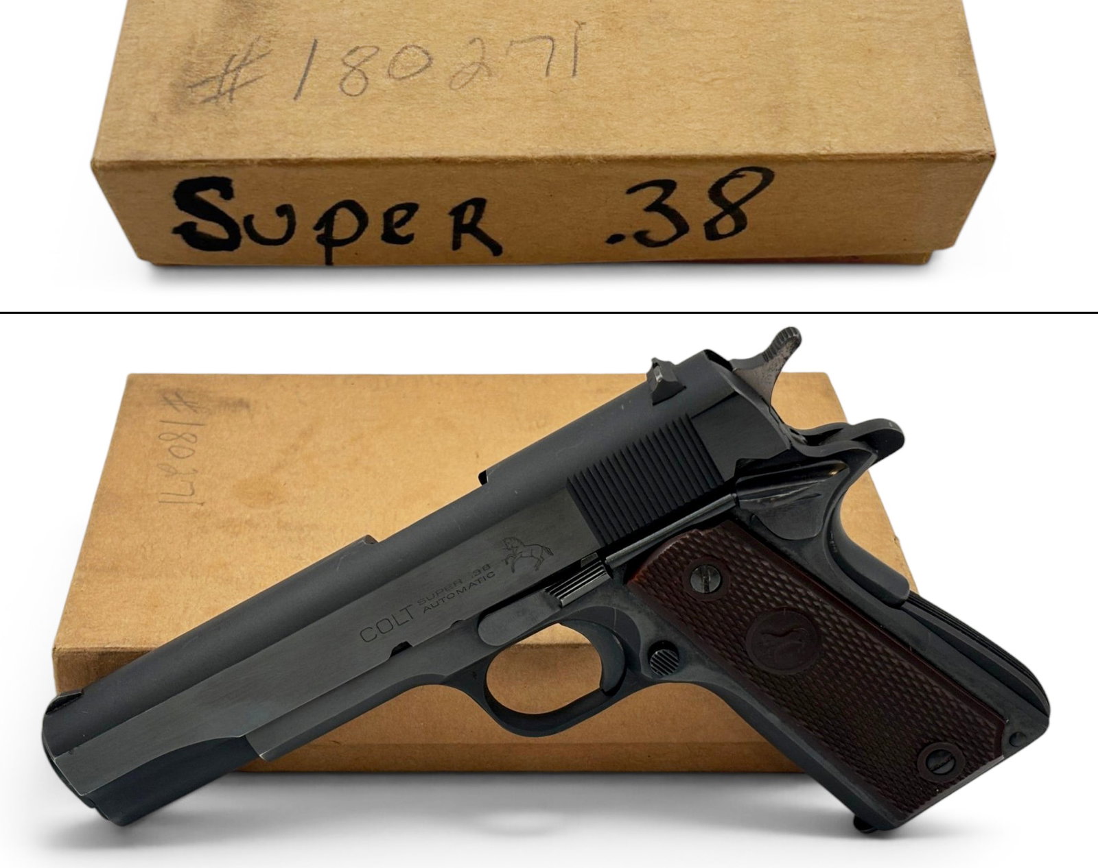 Rare NIB 1966 Colt .38 SUPER 1911 Semi-Automatic Pistol: S#: 180271 | Mfg. 1966 | 5" Barrel | Comes with (1) Original Factory Magazine Marked "Colt Super/.38 Auto | Comes in Factory Craft Brown Box with Matching SN on Top, Wax Paper Inside with Colt Care Pa