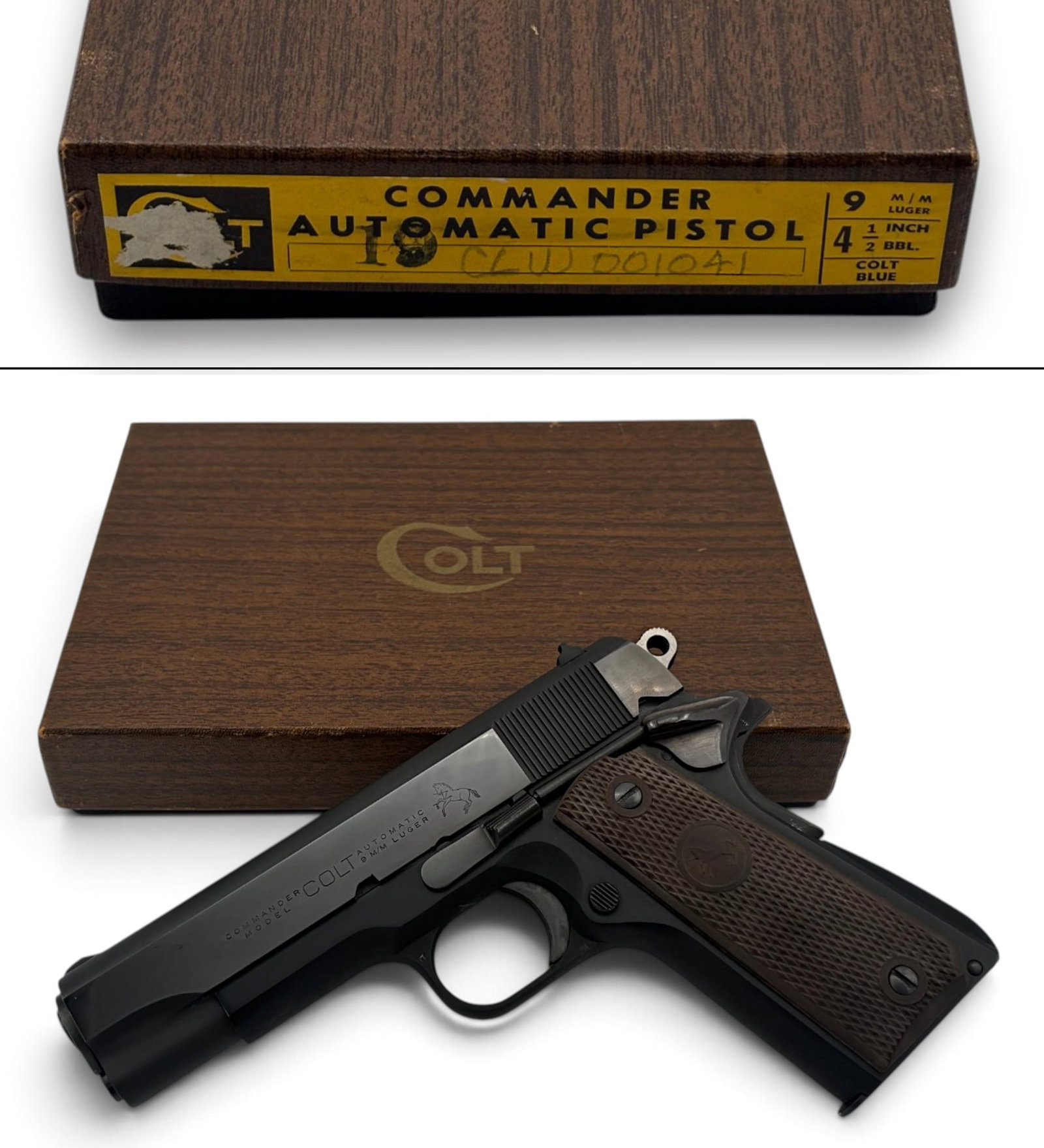 NIB 1969 Colt Lightweight Commander Model 1911 Semi-Automatic 9mm Pistol with Original Box: S#: CLW001041 | Comes with (1) Original Factory Magazine. Also Comes with Factory Wood Grain Box with Matching Label, papers, and Warranty Card. |||| CONDITION: New in Box. Mechanically Functions.