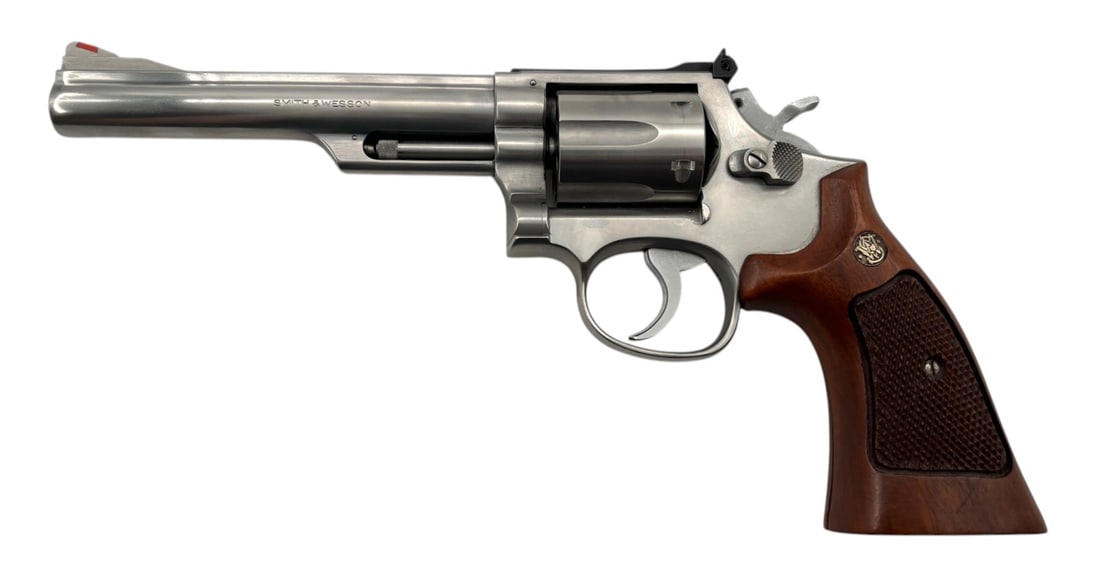 Excellent 1977 Smith & Wesson Model 66-1 Stainless 6" Barrel .357 MAGNUM Revolver: S#: 57K7685, mfg. 1977 | 6" Barrel | 6-shot SA/DA |||| CONDITION: Excellent, Like New. Shows little signs of use, if any. Spectacular Wood Grain Grips. Mechanically functions. Bore is excellent ||||| 