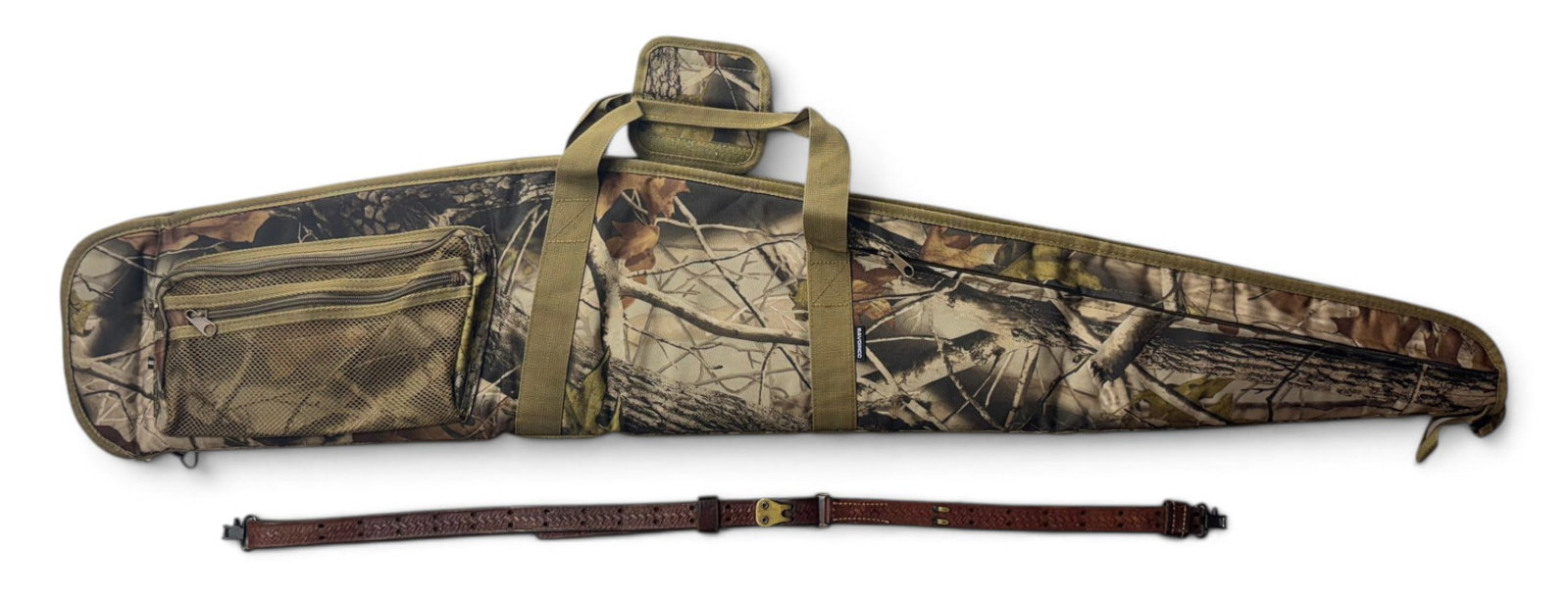 Nice Ravoincc 46” Camouflage Padded Rifle Soft Case w/ Browning Leather Rifle Sling: This is an excellent camouflage soft case with padded interior and pockets for storage on the exterior. Looks new. Comes with a nice Browning branded Leather sling for rifle with push button sling