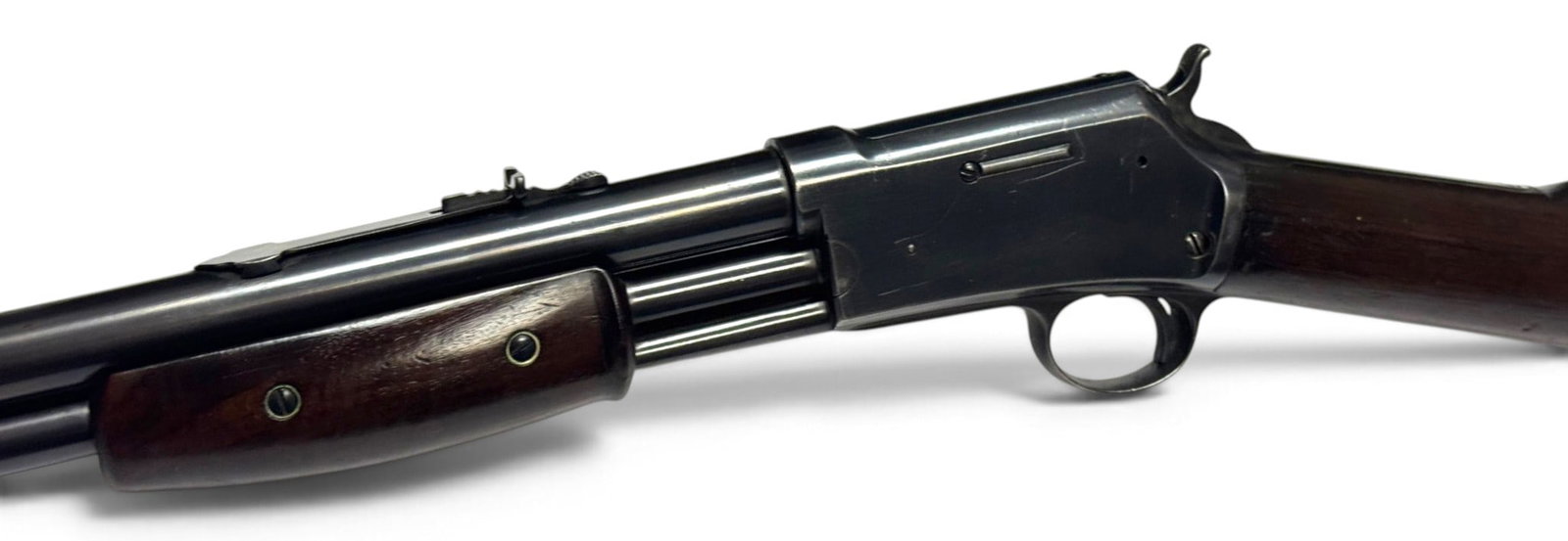 Antique 1898 Excellent Colt Lightning Medium Frame .44 CLMR Slide Action Rifle: S#: 81955, Mfg. 1898 | 25” Round Barrel | Marble No. 2 Blade front sight |||| CONDITION: Excellent, professionally restored. 100% Reapplied Gloss Blue finish that looks original. Markings are