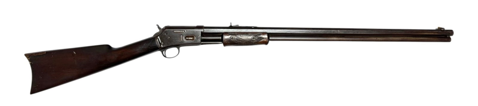 Early Antique 1891 Colt Lightning Medium Frame .38 CLMR Slide Action Rifle: S#: 57960 | 26" Octagonal Barrel |||| CONDITION: Good. Overall 75% darkened brown patina finish on metal surfaces. Wood stock is good and solid with handling marks and heavily worn checkering. Wood