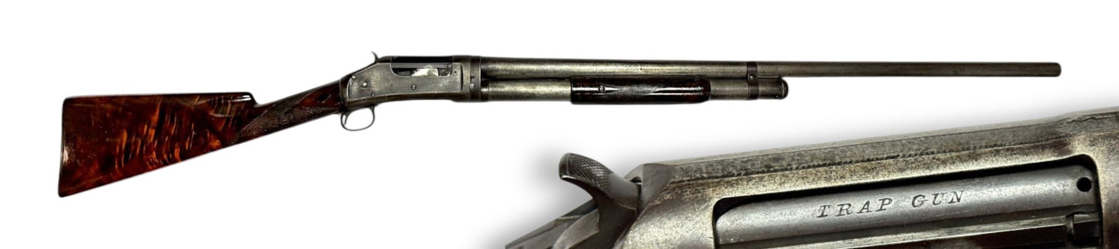 Lettered 1902 Winchester Model 1897 12 GA. Black Diamond Deluxe "TRAP GUN" Pump Action Shotgun: S#: 189743 | Mfg. 1902 | 30" Barrel ( Originally came with 26" Interchangeable MOD Barrel) with 2-3/4" Chamber and FULL choke | 13.5" LOP | Takedown Trap Model | Slamfire capability |||| CONDITION: