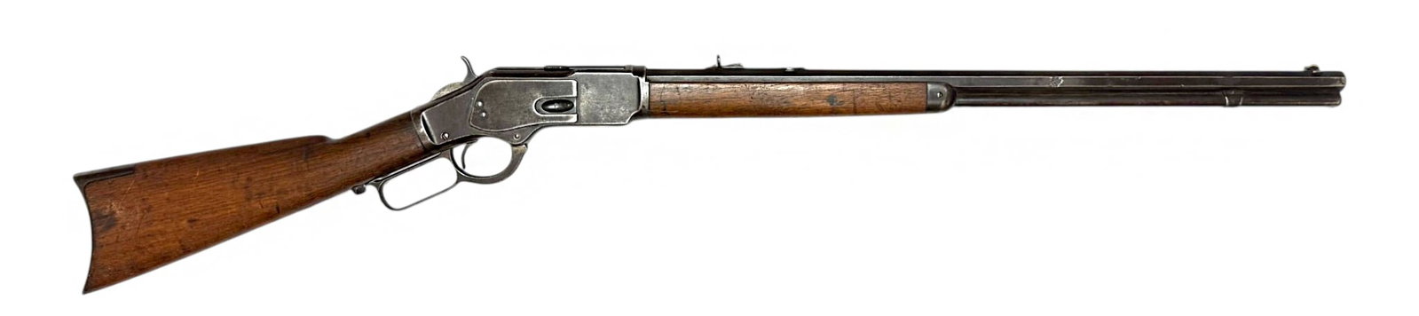 Antique 1897 Winchester Model 1873 .32 WCF Lever Action Rifle: S#: 512235 | Mfg. 1897 | 24" Octagonal Barrel with full length magazine tube |||| CONDITION: Fair. 30% darkened original blue finish on metal surfaces with heavy edge wear and some minor scattered