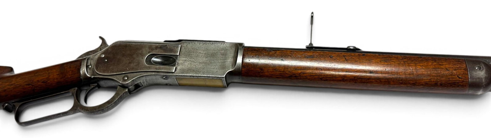 Exceptionally Scarce Antique 1884 Winchester Model 1876 .50 EXPRESS Lever Action Rifle w/ Letter: S#: 51777 | Mfg. 1884 and Received in Warehouse in 1886 according to the letter | 26" Round Barrel with Sporting Leaf Sights and full length magazine tube | Chambered in.50 EXPRESS | Rear ladder