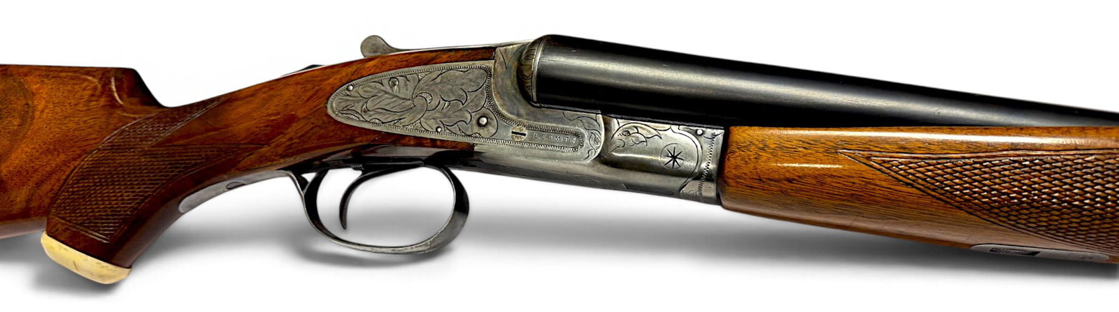 Exceptionally Fine 1942 LC Smith Featherweight IDEAL GRADE 12 GA. Upgraded Shotgun w/ Letter: S#: 198405 | Mfg. 1942 | 28" Barrels | 14" LOP | Single trigger | Hunter Arms Co. Fulton, NY | Ideal Grade, 12 GA. 28” London Steel Barrels (deluxe checkered wood with bone pistol grip cap & bea