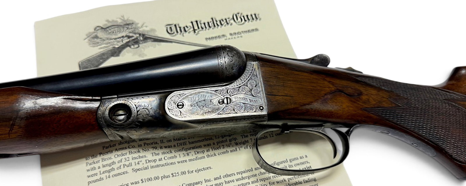 Exceptional 1910 Special Order Engraved Parker Bros DHE Grade 3 Hammerless 12 GA. SXS Shotgun: S#: 153055 | 32" Titanic Steel Barrels with Ejectors | 14" LOP | 1-3/8" DaC | 2-1/4" DaH | Weight: 7lbs. 12oz. | Special instructions included Medium Thick Comb and 1" of pitch | Pistol Grip Stock | S