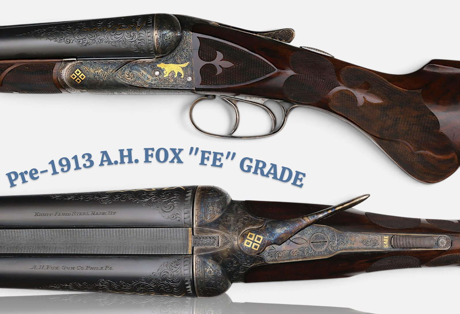 Exceptionally Rare 1910 A.H. FOX - FE Grade - 12 GA. Masterfully Engraved & Upgraded SXS Shotgun: S#: 16109 | Mfg. 1910 - Comes with Factory Letter | 12 Gauge | 1 of 3 FE Grade: FE was the highest grade given out to shotguns produced by Ansley H. Fox and only 3 examples are known to exist from