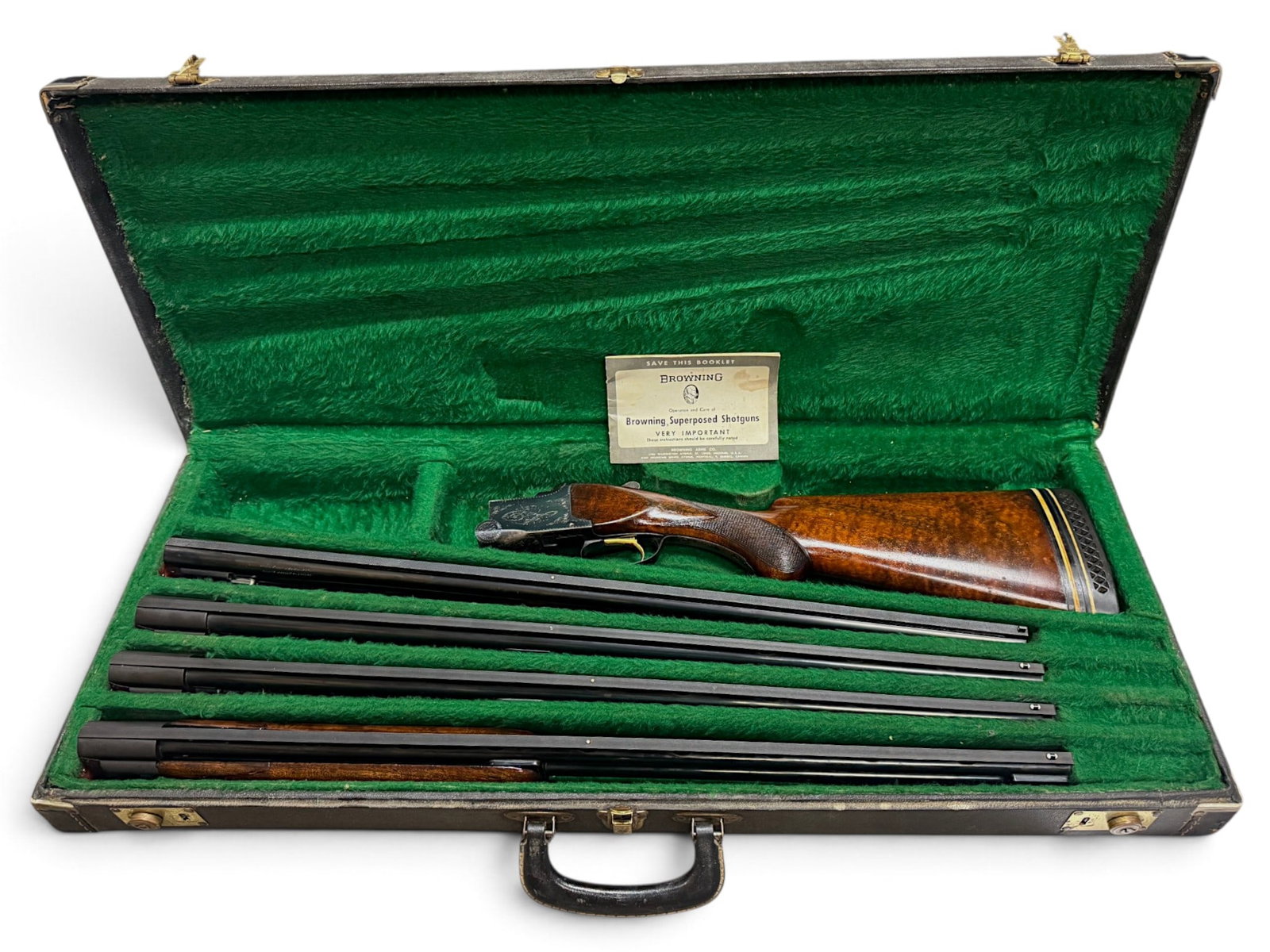 Excellent 1964 Engraved Belgian Browning Lightning Superposed Skeet Shotgun 4-Barrel Set in Case: S#: 22181S4 | 26.5” Barrels with 2-3/4” Chamber | 14.25” LOP | Manufactured in 1964 | This is an extremely rare Browning Superposed 4-barrel set that features a single serialized rec