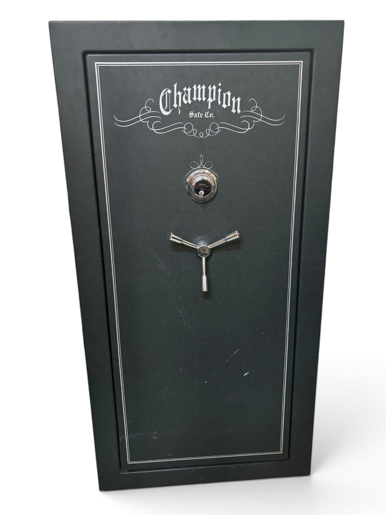 Legacy Champion Model: Trophy 23 Gun Safe with Turn Dial: Mfg. 2006 | 18 DN | Fire Rating: 45 Min. Fire Test Exposure: 1250F, Internal Temp 334F | Dimensions: 60" H x 30" W x 24" D | Weight: 630lbs. | Capacity: 23-24 Long Guns & Handgun Space | 11-Gauge