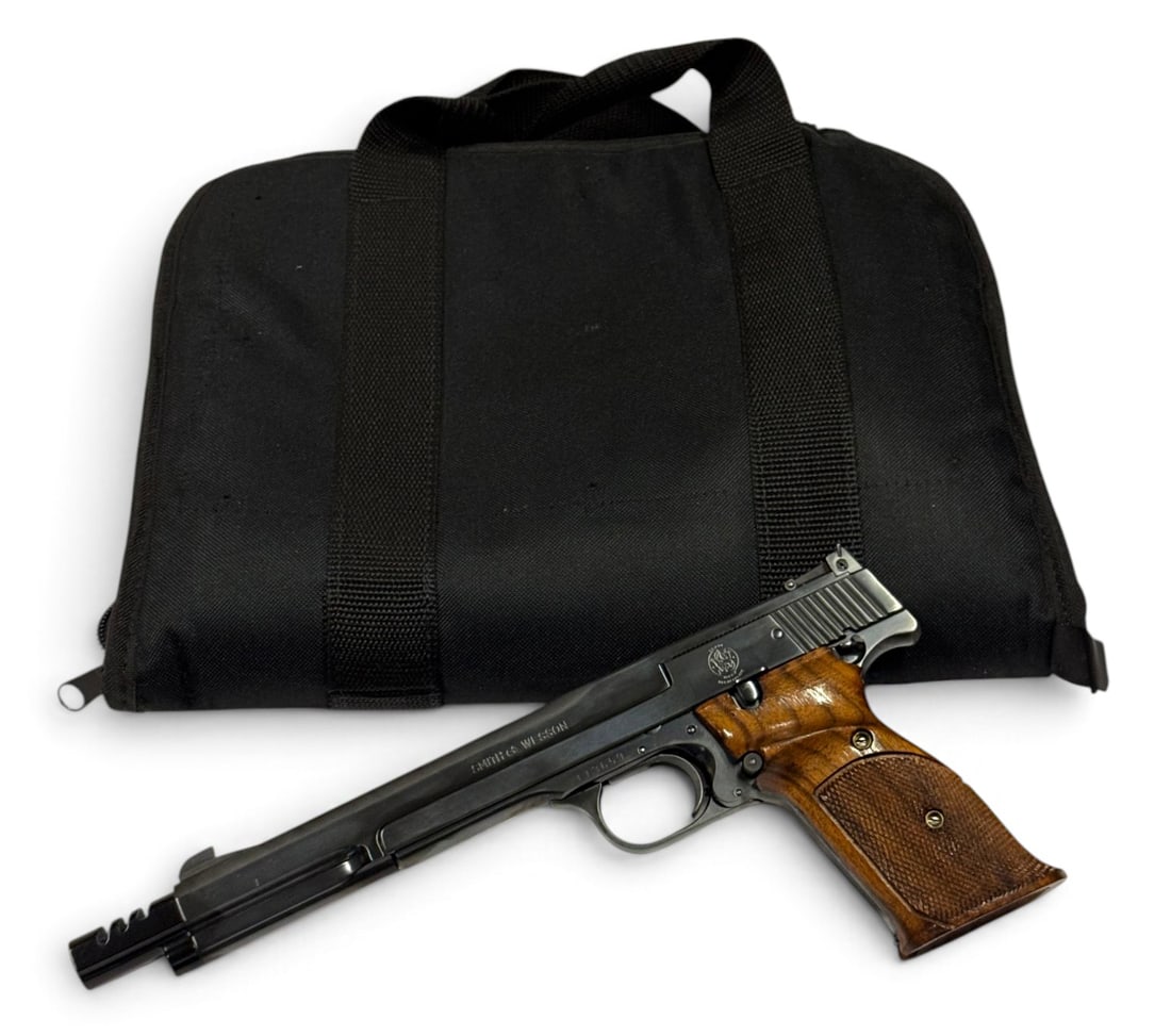 MINT Collector's 1969 Smith & Wesson Model 41 .22 LR Semi-Auto 7-3/8” Target Pistol w/ Muzzle : S#: 113659 | Mfg. 1969 | 7-3/8” Barrel with Aluminum Muzzle Brake | Has a Loaded Chamber & Cocking Indicator on Rear | Equipped with original 2-piece walnut wood checkered target grips and comes
